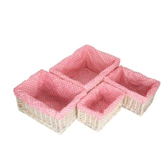 Red Hamper Wicker Pink Spotty Lined Open Storage Basket Set of 4