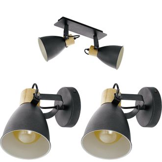 Loops Twin Ceiling Spot Light & 2x Matching Wall Lights Black & Wood Shade Moving Head