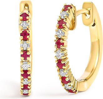 House of Brilliance 10K Gold Alternating Diamond and Red Ruby Huggy Hoop Earrings