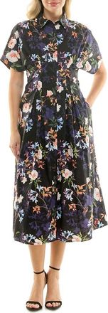 Nicole Miller Printed Stretch Cotton Shirtdress in Spring Black at Nordstrom Rack, Size 16
