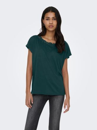 Only Spitzenshirt ONLY ONLWINNIE S/S TOP CS JRS, Damen, Gr. XL, ponderosa pine, Jersey, Obermaterial: 100% Polyester, unifarben, regular fit normal, Rundha