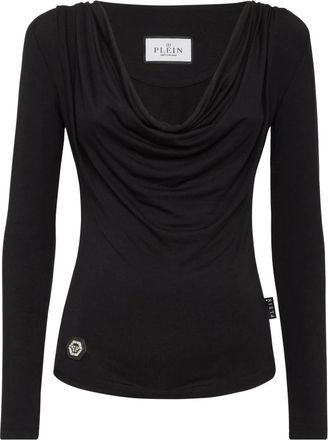 Philipp Plein Overhemden, Dames, Zwart, M, Modal Cowl Neck Longsleeve Fatale