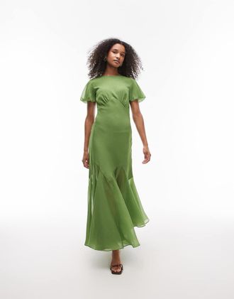 Topshop Vestito lungo verde oliva con volant sulle maniche e fondo voluminoso
