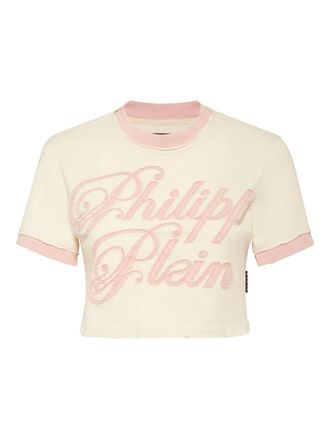 Philipp Plein logo-embroidered cotton top - Neutrals