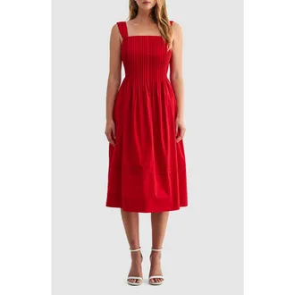 Mila Mae Pleat Bodice Cotton Midi Dress in Red at Nordstrom, Size X-Large