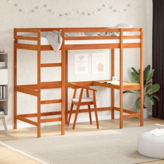 vidaXL Vidaxl - Cama Alta Con Escritorio Madera Maciza Pino Marr&oacute;n 90x200 Cm