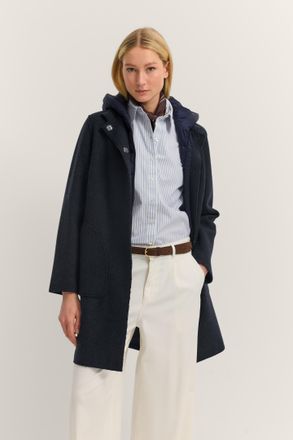 Bugatti Wollmantel BUGATTI Modern Fit, Damen, Gr. 34, 390, marine, 50% Viskose, 50% Wolle, unifarben, normal, normaler Saum, M&auml;ntel Wollmantel, mit Kapuze & h