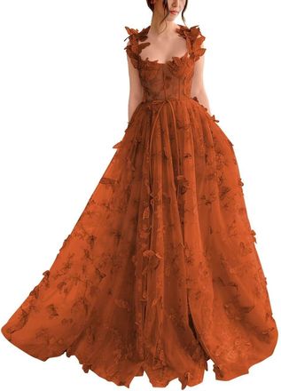 Generic Womens Tulle Prom Dresses Long Lace Applique Ball Gown 3D A Line Butterfly Formal Evening Party Gown with Slit Burnt Orange 3XL