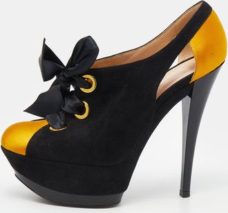 Casadei Black/yellow Suede And Satin Lace Up Platform Booties