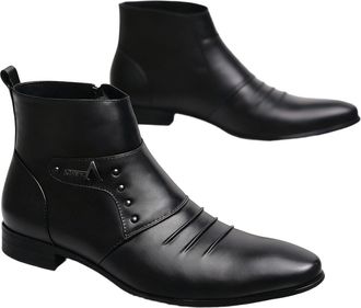 Generic Mens Pointed Toe Formal Ankle Boots PU Leather Short Boots with Side Zipper Flat Heel Office Dress Shoes,Black,9.5 UK