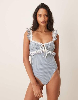For Love & Lemons Daisy Lane - Costume da bagno intero blu ricamato con ancora