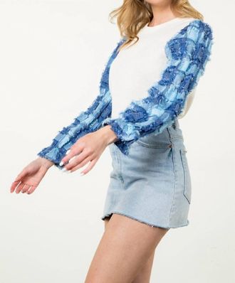 THML Clothing Denim Patchwork Sleeve Top In White/ Blue