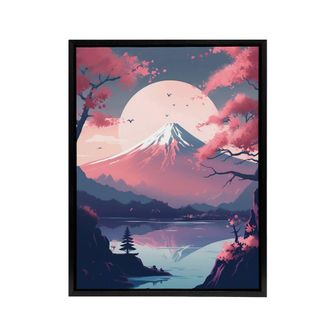 Artery8 Mount Fuji Lake & Cherry Blossom Trees Framed Canvas Wall Art Print in Pink | Size: W24 x H32