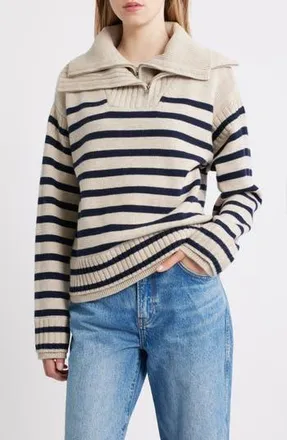 Rag & Bone Ilaria Stripe Half Zip Wool Pullover in Oat at Nordstrom Rack, Size X-Large