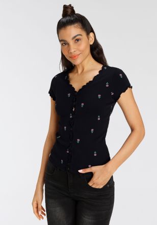 Kangaroos Kurzarmshirt KANGAROOS, Damen, Gr. 32/34, schwarz (schwarz, bunt), Rippware, Obermaterial: 100% Baumwolle, bedruckt, gebl&uuml;mt, gemustert, figurbetont h