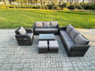 Fimous 9 Seater Rattan Lounge Sofa Set Outdoor Garden Furniture Set with Rectangular Coffee Table 3 Seater Sofa 2 Small Footstools in Dark Grey