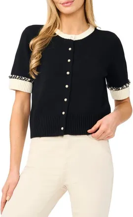 CeCe by Cynthia Steffe Short Sleeve Crewneck Cardigan in Rich Black at Nordstrom, Size X-Large