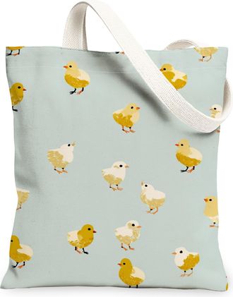 Generic Chick Pattern Canvas Tote Bags, Cute Animal Design Reusable Grocery Bags, Spring Lightweight Washable Shoulder Strap Canvas, Blue, 13x15 Inch