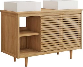 Vente-Unique Mobile Bagno Su Piedini In Teak Con Doppio Lavabo Da Appoggio Quadrato In Ceramica L120 Cm - Toraja