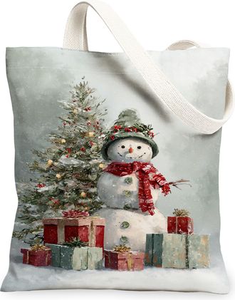 Generic Winter Snow Man Canvas Tote Bags, Festive Holiday Tree Design Reusable Grocery Bags, Lightweight Washable Shoulder Strap Canvas for Shopping Travel Pi