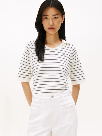 Tommy Hilfiger Strickpullover TOMMY HILFIGER CO JERSEY STCH POLO V-NK S/S SWT, Damen, Gr. XL (42), beige (ivory silk, schwarz night navy fine stp), Strick, Obermater