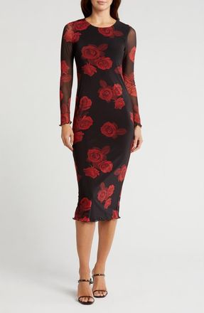 Bebe Floral Long Sleeve Dress in Black/red at Nordstrom Rack, Size X-Small