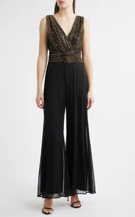 Connected Metallic Leopard Print Bodice Chiffon Jumpsuit in Black at Nordstrom Rack, Size 16