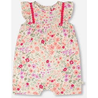 Deux par Deux Sleeveless Flutter Ruffles Printed Flowers Romper in Off White Printed Flowers at Nordstrom, Size 18M