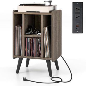 Costway Supporto per Giradischi, Porta Vinili con 4 Ripiani Aperti, Presa di Corrente e Porta USB, con Mensole Espositive, per Soggiorno, Camera da