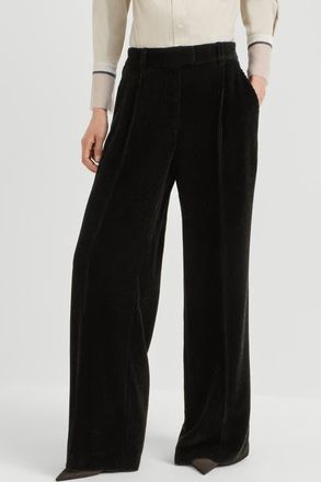 Brunello Cucinelli Sparkling corduroy loose pleated trousers with monili in Black at Nordstrom, Size 38