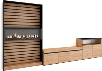 Skraut Home Mueble tv efecto madera roble negro 360x35x186cm chimenea efecto fuego