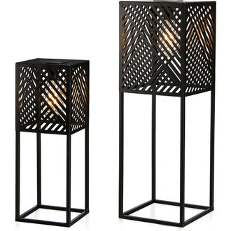 Glitzhome Set of 2 Metal Geometric Floor Solar Powered Outdoor Lanterns in Black at Nordstrom, Size Medium