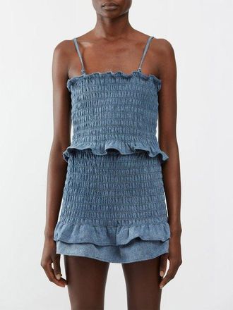 Isabel Marant Daline Smocked Cotton-chambray Cropped Top - Womens - Blue