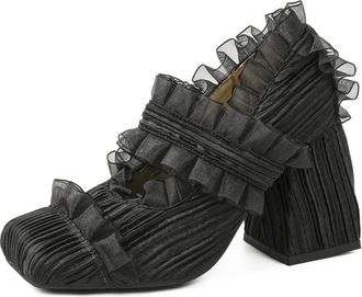 Generic JCVBN Fashion Mary Jane Shoes Women Pumps Lace Pleated Square Toe Sweet Lolita Shallow Retro Elegant High Heels Wedding Ladies Black