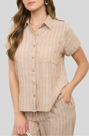 Blu Pepper Stripe Cotton & Linen Button-Up Shirt in Khaki at Nordstrom Rack, Size Medium