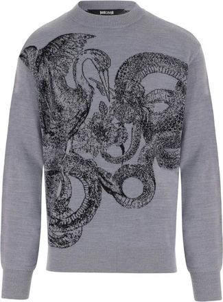Just Cavalli Gebreide trui met ronde hals - Heren - Ronde hals truien - Grijs - XL - Wol - Truien & Vesten