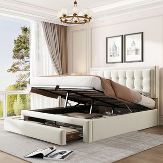 Matteo Luxurious Upholstered Double Bed with Large Storage & Headboard in Beige