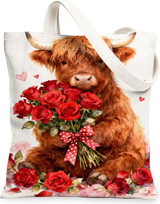 Generic Floral Animal Canvas Tote Bags, Cute Cow with Roses Pattern Reusable Grocery Bags, ValentineS Day Vintage Lightweight Wash, White, 13x15 Inch