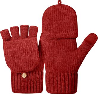 Generic Winter Fingerless Gloves Warm Thermal Knitted Convertible Mittens Flap Cover for Women Men Cycling Driving Running