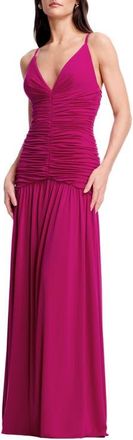 Dress The Population Elora Ruched Plunge Neck Gown in Dark Fuchsia at Nordstrom, Size Xx-Small
