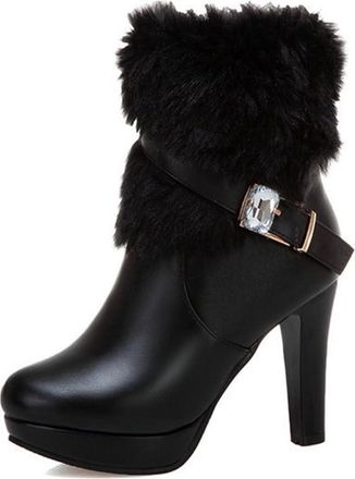 Generic Womens Side Zipper Winter Warm Plush Lined Platform High Heel Ankle Snow Boots with Rhinestones Buckle Strap (Black,5.5)