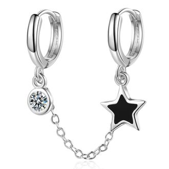 Generic Silver Black Star Double Hoop Earrings Chain for Women Girls Double Piercing Earrings Huggie Earrings