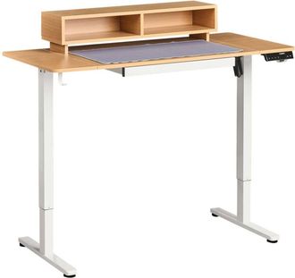 Beliani Electric Adjustable Desk Light Brown Tabletop White Steel Frame and Legs 120 x 60 cm Stand and Sit Mouse Pad Modern Design LUCAMA