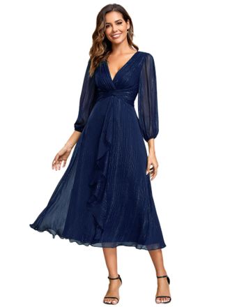 Ever-pretty Women Dress Ruched V Neck Long Lantern Sleeves Lotus Leaf Fall Bridesmaid Wedding Guest Dresses Navy Blue 10UK