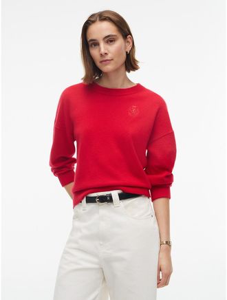 Tommy Hilfiger Womens Embroidered Crest Logo Cashmere Sweater - Medium Red - XL