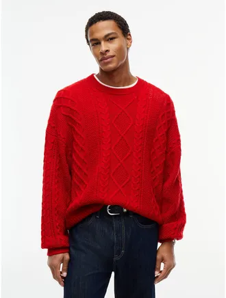Tommy Hilfiger Mens Tommy Jeans Cable Knit Wool Sweater - Scarlet Flare - XL