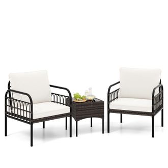 Costway Costway 3 Pieces Rocking Bistro Set Outdoor Wicker Furniture Tempered Glass Coffee Table in White