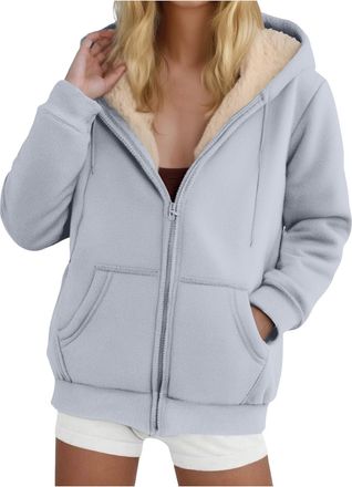 Generic Womens Teddy Fleece Hoodies Warm Sherpa Lined Fuzzy Sweatshirts with Pockets Oversized Full Zip Hooded Jacket Ladies Winter Warm Jumper Coat Outwear T