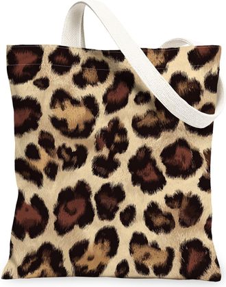 Generic Leopard Print Canvas Tote Bags, Stylish Animal Pattern Reusable Grocery Bags, Summer Lightweight Washable Shoulder Strap Ca, Beige, 13x15 Inch