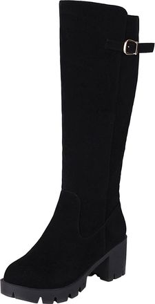 Generic Knee High Boots for Women Chunky Block Heel Boot Grip Sole Autumn Winter Cowboy Platform Shoes Mid Calf Vintage Booties Ladies Waterproof Trainers Cas